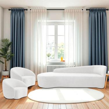 Imagem de Kit Divã Recamier Orgânico França 180cm Lado Esquerdo E 2 Poltronas Amore Bouclé Branco