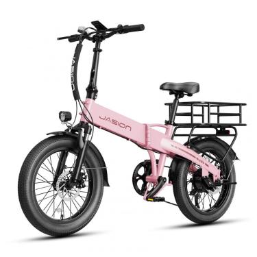 Imagem de Bicicleta elétrica dobrável Jasion EB6 rosa, pneus 20x2,5, motor 500W pico 1000W, bateria 48V 10,5Ah, 7 marchas, quadro em alumínio