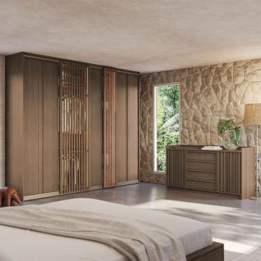 Imagem de Kit Guarda Roupas 7 Portas com LED e Cômoda Seringal CabeCasa MadeiraOriginals Nogal
