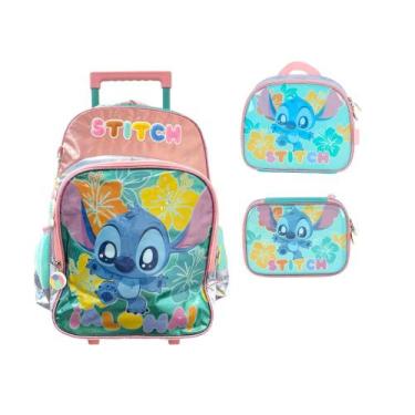 Imagem de Kit Escolar Mochila Rodinhas Estojo Lancheira Stitch Disney - Luxcel, 