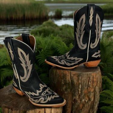 Imagem de Bota Country Feminina Goyazes Couro Azul Marinho Bico Fino Bordado Cre