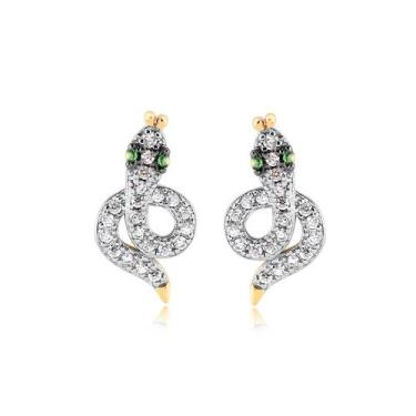 Imagem de Brinco De Cobra Serpente Verde Pequeno Folheado A Ouro 18k - Radhau Jo