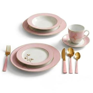 Imagem de Aparelho de Jantar com Talheres 36 Peças Porcelana Aço Inox Dourado e 