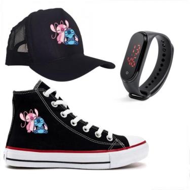 Imagem de Kit Estampa Lilo Stitch Angel Feminino Tênis Relogio e Boné Adulto Inf