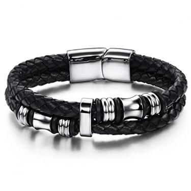 Imagem de suhang Pulseiras Masculinas De Couro Envoltório Para Joias De Aço Inoxidável Pretas Com Berloques