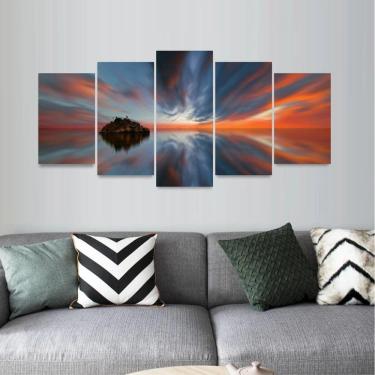 Imagem de Quadro Paisagem Mosaico Pôr do Sol Ilha Céu Águas 5 Peças