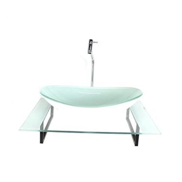 Imagem de KIT CUBA DE VIDRO OVAL COM TAMPO 60CM BRANCO E SUPORTE TORNEIRA VALVULA