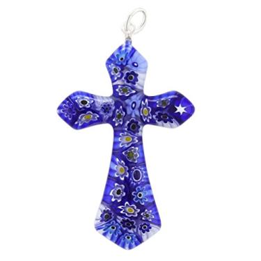 Imagem de Pingente de Cruz Elegante Millefiori Azul Vidro Murano GlassOfVenice, Vidro, Cristal