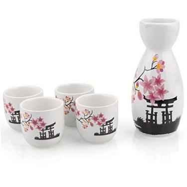 Imagem de ABuff Conjunto de saquê japonês, 1 garrafa Tokkuri e 4 copos Ochoko, conjunto de saquê de cerâmica Spring Blossoms, pode ser colocado no micro-ondas e na lava-louças