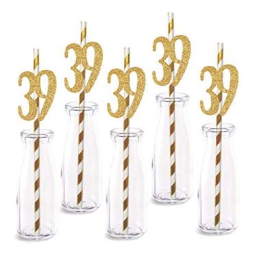 Imagem de Decoração de palha de papel para aniversário de 39 anos, pacote com 24 números de corte de glitter dourado real Happy 39 anos canudos decorativos de festa