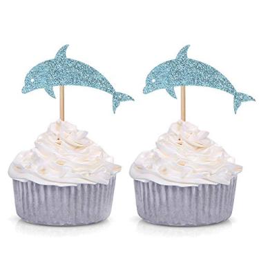 Imagem de 24 topos de cupcake de golfinho com glitter azul para chá de bebê, decoração de festa de aniversário sob o tema do mar