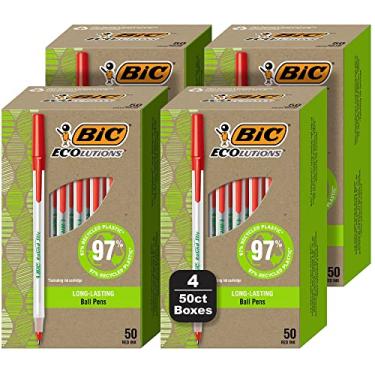Imagem de BIC Ecolutions Canetas esferográficas redondas Stic, ponta média (1,0 mm), pacote com 200 unidades, canetas de tinta vermelha feitas de 97% plástico reciclado
