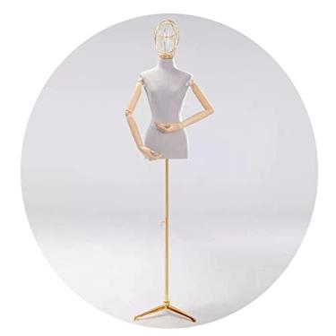 Imagem de Female Mannequin Torso Torso de manequim de busto feminino forma de vestido, exibição de modelo feminino com cabeça de metal e braço de madeira, tripé ajustável em altura (Color : Gray-1)