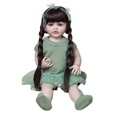Imagem de Boneca Bebê Menina 55cm,Boneca De Bebê Recém-Nascido Menina, vestindo um lindo suéter verde Reborn Realista Silicone Pode dar Banho Fácil De Limpar neta, criança
