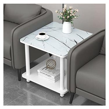 Imagem de Mesa lateral quadrada de 49,6 cm, mesa de cabeceira com prateleira de armazenamento de 2 camadas, mesas de bistrô internas e externas, mesa de centro para espaços pequenos mesa de centro para sala de estar (cor: topo de rocha branca)