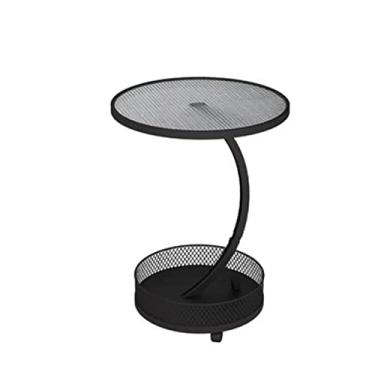 Imagem de Mesa lateral moderna pequena com prateleira de cesta de armazenamento, carrinho de rodinhas com rodas, mesa de cabeceira pequena de 2 camadas para sala de estar, quarto, mesa de canto redonda com mesa de centro anti-queda