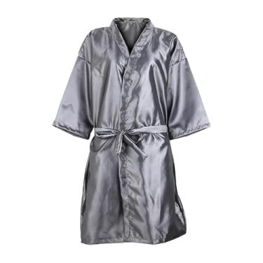 Imagem de Kokiya Roupão leve casual para salão de beleza, decote em v, macio, clientes, barbeiro, respirável, kimono, salão de beleza, vestido de cliente para centro, cinza