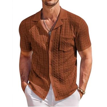 Imagem de COOFANDY Camisa polo masculina de malha com botão e manga curta vintage camisas polo verão casual praia tops, Caramel, G