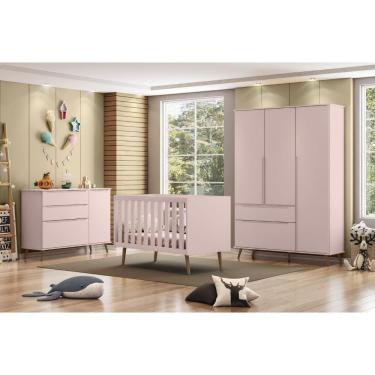 Imagem de Quarto Para Bebê Completo Melinda Rosê  com Roupeiro, Cômoda e Berço Rose