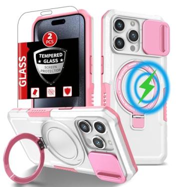 Imagem de Capa FRLMOOES para iPhone 15 Pro compatível com MagSafe, com 2 protetores de tela vidro temperado, suporte invisível integrado, queda graduada e proteção à prova choque para capa feminina rosa branco