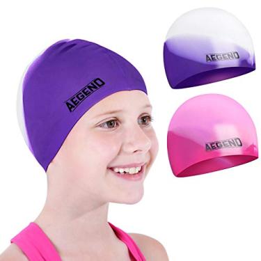 Imagem de Aegend Pacote com 2 toucas de natação infantis para meninas e meninos de 8 a 15 anos, touca de natação impermeável de silicone durável para cabelos longos, roxo e rosa