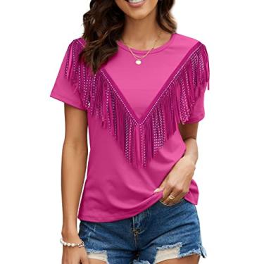 Imagem de PESION Camisetas femininas com acabamento de franja, manga curta, acabamento com borlas, rosa, 4G
