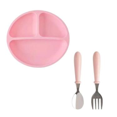 Imagem de Kit Prato Divisoria Silicone C/ Estojo Aço Inox Colher Garfo