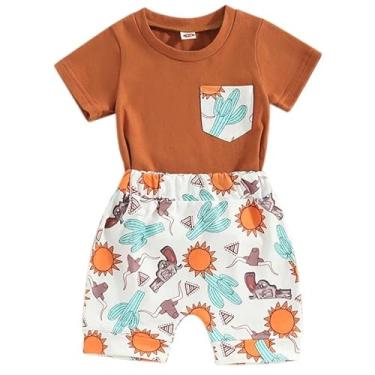 Imagem de Metaxas Roupas de outono para meninos 4t camiseta shorts terno sol cacto estampado duas peças bonito terno (laranja, 12-18 meses)