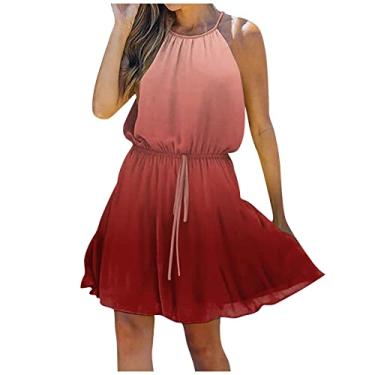 Imagem de Vestidos femininos frente única aberta nas costas para mulheres sem mangas midi praia recorte havaiano vestidos franzidos 2024, I-475 Vermelho, P