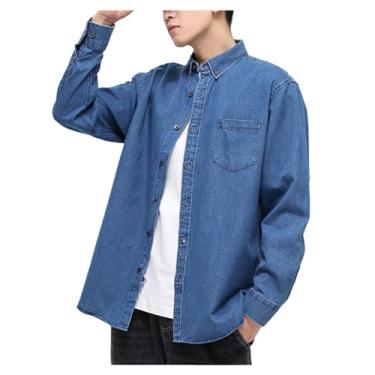 Imagem de Camisa jeans masculina, manga comprida, gola aberta, bolso frontal, cor lisa, caimento solto, Azul claro, XG