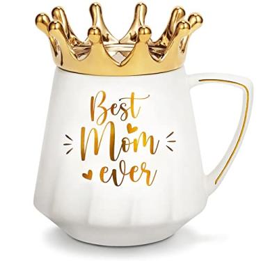 Imagem de Presentes para mamãe para mãe e filho, caneca de cerâmica Best Mom Ever caneca de café de 355 ml com tampa de coroa dia das mães, presentes para a sogra, esposa, presentes de nova mãe para mulheres