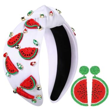 Imagem de YAHPERN Bandanas femininas de melancia com frutas tropicais, faixa de cabelo de verão, praia, strass, cristal, nó largo, acessórios de cabelo de verão, roupas de férias na praia (melancia 2)