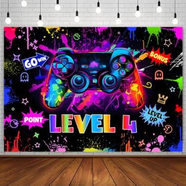 Imagem de AIBIIN Jogo de vídeo game desbloqueado nível 4 de 2,1 x 1,5 m em decorações de festa de feliz aniversário de 4 anos para meninos e crianças de 4 anos de idade com tema de aniversário para cima de