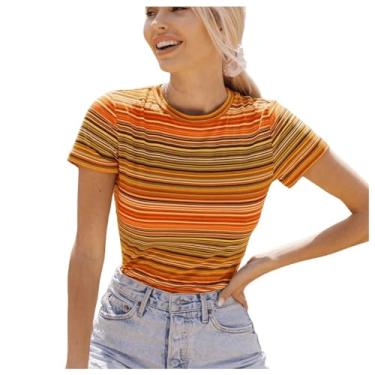 Imagem de WDIRARA Camiseta feminina casual de verão com estampa listrada gola redonda e manga curta, Laranja, multicolorido, PP