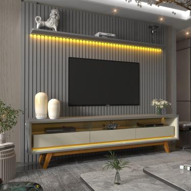 Imagem de Rack com Painel para TV de Até 85 Polegadas 2 Gavetas 230cm Pés Nobre Requinte Gelius - Cinza/Cinza/Off White