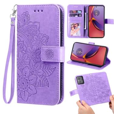 Imagem de Furill Capa carteira compatível com Motorola Moto G84 5G e protetor de pulso flor couro flip porta-cartão de crédito Folio bolsa suporte acessórios celular capa para celular G 84 2023 meninas roxo