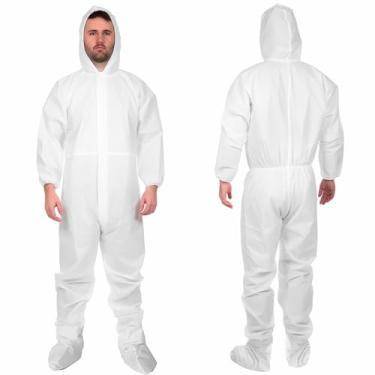 Imagem de Incríveis macacões descartáveis SF, 180 cm de comprimento. Pacote com 5 ternos brancos 2GG. Roupa de trabalho unissex de polipropileno 40 g/m² com película microporosa, capuz e botas, zíper, pulsos elásticos para pintura