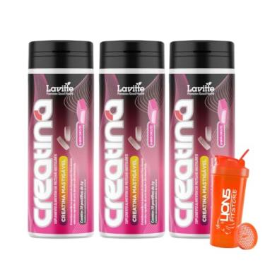 Imagem de 3x Creatina Mastigável 30 Pastillhas Sabor Chiclete - Lavitte + Coqueteleira Personalizada 700ml Cor Sortida