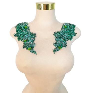 Imagem de FRILMS Remendos de cristal feitos à mão com contas corpete de renda DIY apliques acessórios para roupas sociais (S3-verde-escuro)