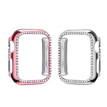 Imagem de SaNgaiMEi Pacote com 2 capas brilhantes para Apple Watch 42 mm compatível com Apple Watch Series 3/2/1 protetor de tela diamantes de cristal glitter Apple Watch capa (prata + ouro rosa, 42 mm)