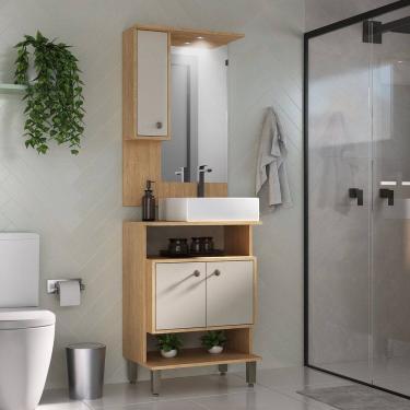 Imagem de Conjunto de Banheiro Gabinete 2 Porta com Cuba de Sobrepor Espelheira 1 Porta com LED Eleganza Carvalho / Arenas
