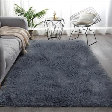 Imagem de Tapete de pelúcia fofo para sala de estar moderna, sofá, área, tapete de seda macio, tapete para rastejar, quarto infantil, tapete grande, cinza claro, azul acinzentado, 120 x 160 cm (47 x 63 pol.)