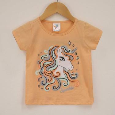 Imagem de Blusa Feminina Infantil Manga Curta Laranja Estampa Unicórnio - All Ag