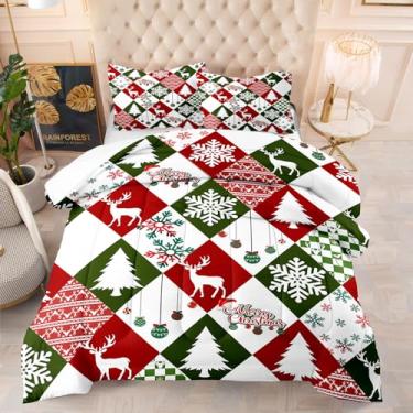 Imagem de Andreannie Conjunto de edredom de microfibra, 3 peças, alce quadriculado, floco de neve, árvore de Natal, 1 edredom e 2 fronhas, macio e aconchegante (bege/verde sólido, queen (224 x 224 cm)