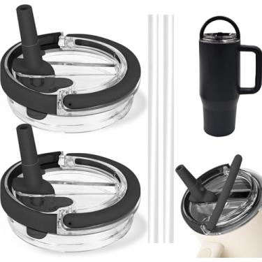 Imagem de Pacote com 2 tampas de copo de substituição de 1,134 g para Stanley Quencher, tampas de copo resistentes a respingos à prova de vazamento com alça, tampa reutilizável para copo Stanley (preto)