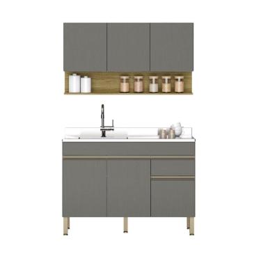 Imagem de Kit Balcão De Pia Sem Tampo E Aereo 120 Cm 6 Portas 1 Gaveta Line Gris gris cp freijó