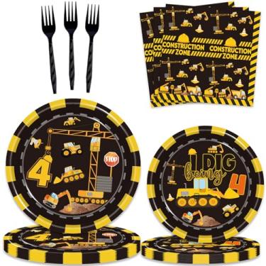 Imagem de 80 Pcs Construction 4th Birthday Party Supplies Dump Truck Theme Four Decorations Tableware Includes Plates, Napkins, Forks for Boys Construction Four Years Old Birthday Party Decorations Favors