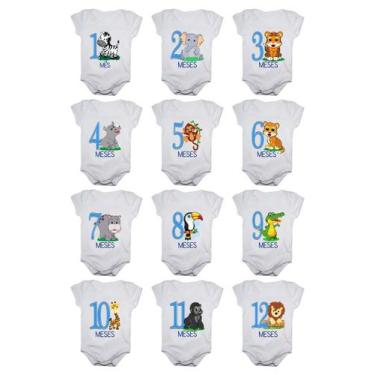 Imagem de Kit body mesversario manga curta safari 12 bodies de bebê 1 a 12 meses