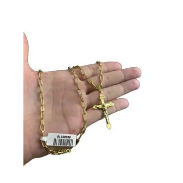 Imagem de Cordão 5mm Meia Cana + Crucifixo Relevo Banhado A Ouro 18k - ToJoia18k
