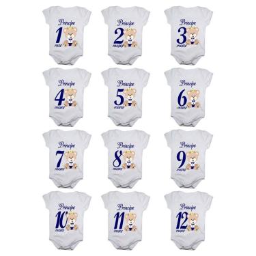 Imagem de Kit body bebê mesversario manga curta ursinho príncipe 12 bodies 1 a 12 meses